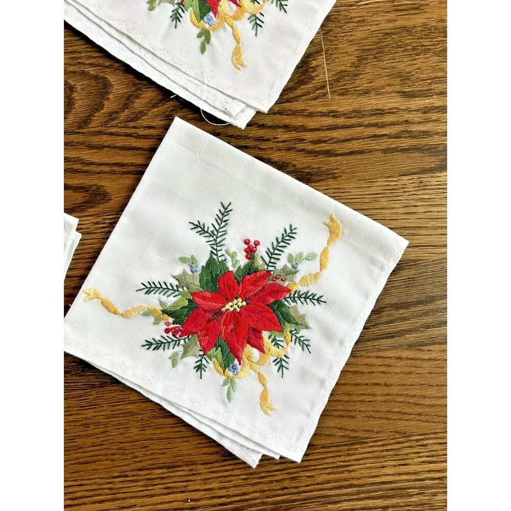 Lot of 4 Holiday Embrodered Cloth Napkins w/ Poinsetta & Gold Ribbon Design